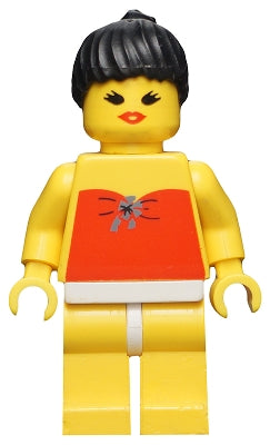 Preowned LEGO® Minifigure – Town par009 Red Halter Top Yellow Legs Black Ponytail Hair Open