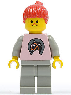 Preowned LEGO® Minifigure – Town par015 Horse Logo Light Gray Legs Red Ponytail Hair