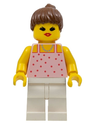 Preowned LEGO® Minifigure – Town par016 Red Dots on Pink Shirt White Legs Brown Ponytail Ha