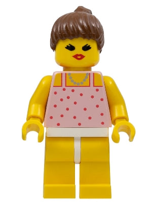 Preowned LEGO® Minifigure – Town par017 Red Dots on Pink Shirt Yellow Legs Brown Ponytail H