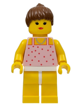 Preowned LEGO® Minifigure – Town par017a Red Dots on Pink Shirt - Yellow Legs, Brown Ponytail Hair, Closed Mouth
