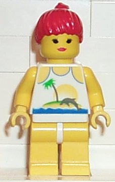 Preowned LEGO® Minifigure – Town par023 Island w/Palm and Sun Yellow Legs Red Ponytail Hair