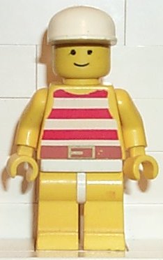 Preowned LEGO® Minifigure – Town par034 Red/White Stripes Shirt Yellow Legs White Cap