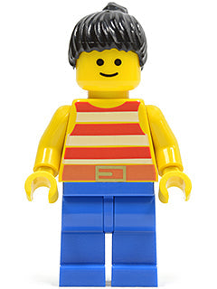 Preowned LEGO® Minifigure – Town par043 Red/White Stripes Shirt Blue Legs Black Ponytail Ha