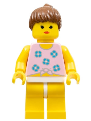 Preowned LEGO® Minifigure – Town par054 Blue Flowers Yellow Legs Brown Ponytail Hair