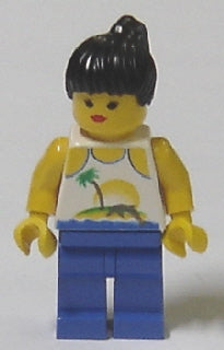 Preowned LEGO® Minifigure – Town par055 Island w/Palm and Sun Blue Legs Black Ponytail Hair