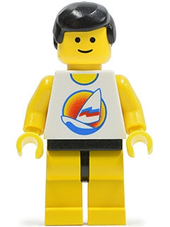 Preowned LEGO® Minifigure – Town par058a Surfboard on Ocean Yellow Legs Black Male Hair Rei