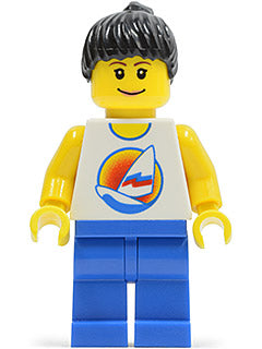 Preowned LEGO® Minifigure – Town par063 Surfboard on Ocean Blue Legs Black Ponytail Hair
