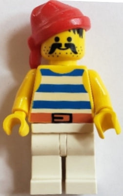 Preowned LEGO® Minifigure – Pirates pi199 Pirate Blue / White Stripes Shirt, White Legs, Red Bandana, Belt with Black Buck
