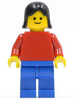 Preowned LEGO® Minifigure – Town pln001 Plain Red Torso w/Red Arms Blue Legs Black Female H