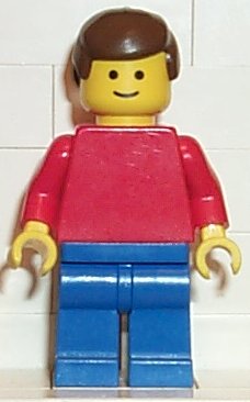 Preowned LEGO® Minifigure – Town pln016 Plain Red Torso w/Red Arms Blue Legs Brown Male Hai