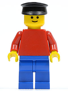 Preowned LEGO® Minifigure – Town pln017 Plain Red Torso w/Red Arms Blue Legs Black Hat