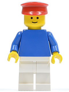 Preowned LEGO® Minifigure – Town pln021 Plain Blue Torso w/Blue Arms White Legs Red Hat