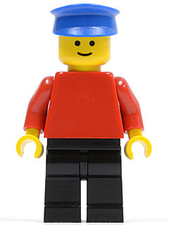 Preowned LEGO® Minifigure – Town pln027 Plain Red Torso w/Red Arms Black Legs Blue Hat