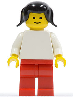 Preowned LEGO® Minifigure – Town pln030 Plain White Torso w/White Arms Red Legs Black Pigta