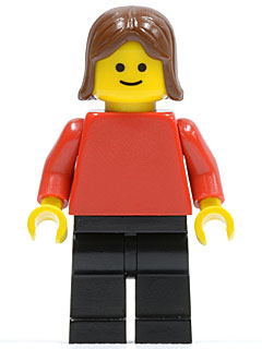 Preowned LEGO® Minifigure – Town pln049 Plain Red Torso w/Red Arms Black Legs Brown Female