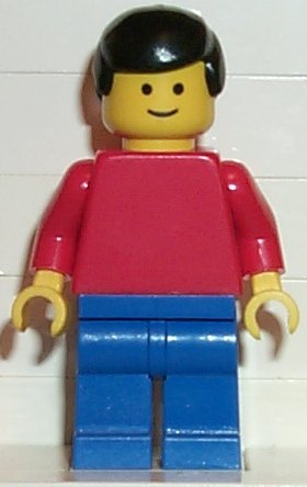 Preowned LEGO® Minifigure – Town pln050 Plain Red Torso w/Red Arms Blue Legs Black Male Hai