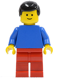 Preowned LEGO® Minifigure – Town pln059 Plain Blue Torso w/Blue Arms Red Legs Black Male Ha