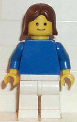 Preowned LEGO® Minifigure – Town pln062 Plain Blue Torso w/Blue Arms White Legs Brown Femal