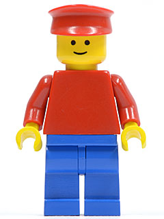Preowned LEGO® Minifigure – Town pln069 Plain Red Torso w/Red Arms Blue Legs Red Hat