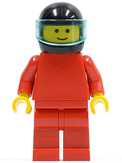 Preowned LEGO® Minifigure – Town pln070 Plain Red Torso w/Red Arms Red Legs Black Helmet Tr