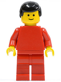 Preowned LEGO® Minifigure – Town pln071 Plain Red Torso w/Red Arms Red Legs Black Male Hair