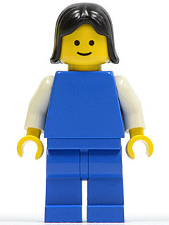 Preowned LEGO® Minifigure – Town pln075 Plain Blue Torso w/White Arms Blue Legs Black Femal