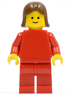Preowned LEGO® Minifigure – Town pln098 Plain Red Torso w/Red Arms Red Legs Brown Female Ha