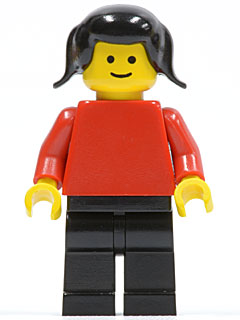 Preowned LEGO® Minifigure – Town pln112 Plain Red Torso w/Red Arms Black Legs Black Pigtail