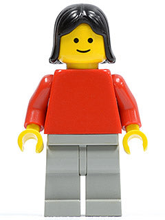 Preowned LEGO® Minifigure – Town pln133 Plain Red Torso w/Red Arms Light Gray Legs Black Fe