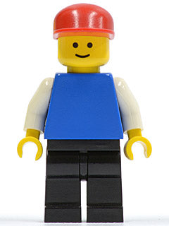 Preowned LEGO® Minifigure – Town pln146 Plain Blue Torso w/White Arms Black Legs Red Cap