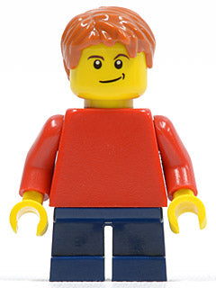Preowned LEGO® Minifigure – Town pln160 Plain Red Torso w/Red Arms Dark Blue Short Legs Lop