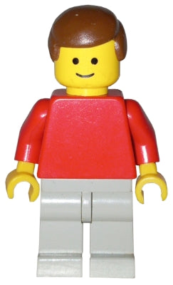 Preowned LEGO® Minifigure – Town pln198 Plain Red Torso with Red Arms, Light Gray Legs, Brown Male Hair