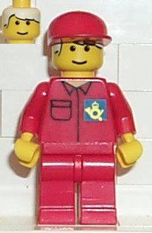 Preowned LEGO® Minifigure – Town post003 Post Office Blue Background Logo Red Legs Red Cap