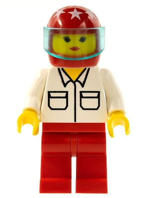 Preowned LEGO® Minifigure – Town rac010 Shirt w/2 Pockets Red Legs Red Helmet 7 White Stars