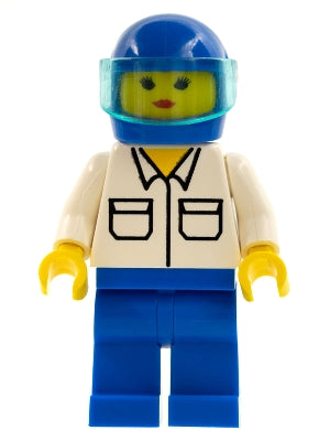 Preowned LEGO® Minifigure – Town rac011 Shirt w/2 Pockets Blue Legs Blue Helmet Trans-Light