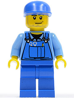 Preowned LEGO® Minifigure – Racers rac038 Hot Rod Mechanic Blue Overalls Blue Cap Stubble