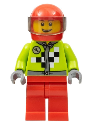 Preowned LEGO® Minifigure – Town rac054 Lime Jacket w/Wrench and Black and White Checkered