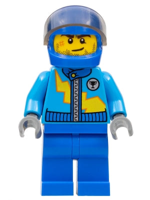Preowned LEGO® Minifigure – Town rac055 Dark Azure Racing Jacket w/Zipper and Yellow Lightn