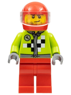 Preowned LEGO® Minifigure – Town rac061 Lime Jacket w/Wrench and Black and White Checkered