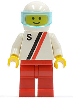 Preowned LEGO® Minifigure – Town s001 S White w/Red/Black Stripe Red Legs White Helmet Tran