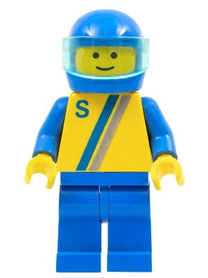 Preowned LEGO® Minifigure – Town s004 S Yellow w/Blue/Gray Stripe Blue Legs Blue Helmet