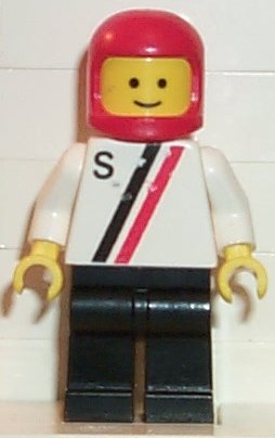 Preowned LEGO® Minifigure – Town s011 S White w/Red/Black Stripe Black Legs Red Classic Hel