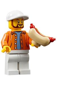 Preowned LEGO® Minifigure – SPEED CHAMPIONS sc040 Hot Dog Vendor Orange Jacket Hoodie over