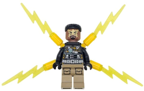 Preowned LEGO® Minifigure – Super Heroes sh0945 Electro - Black and Dark Tan Outfit, Medium Brown Head, Small Electricity Win