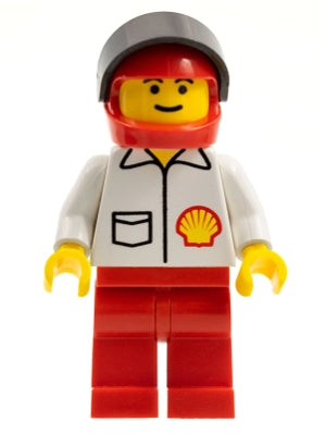 Preowned LEGO® Minifigure – Town shell007 Shell Jacket Red Legs Red Helmet Black Visor