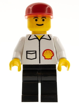 Preowned LEGO® Minifigure – Town shell008 Shell Jacket Black Legs Red Cap Eyebrows