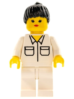 Preowned LEGO® Minifigure – Town soc001 Shirt w/2 Pockets White Legs Black Ponytail Hair