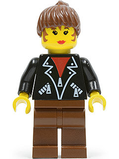Preowned LEGO® Minifigure – Town soc006 Leather Jacket w/Zippers Brown Legs Brown Ponytail
