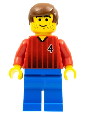 Preowned LEGO® Minifigure – Sports soc062 Soccer Player Red and Blue Team w/Number 4